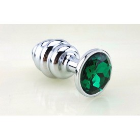 Серебристая рифлёная пробка с зеленым кристаллом - 9 см.